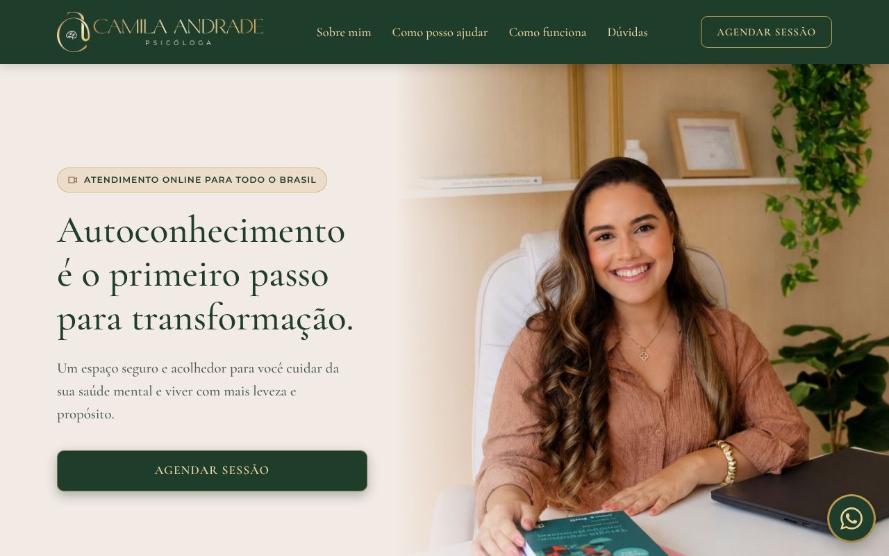 Página inicial do site da psicóloga Camila Andrade